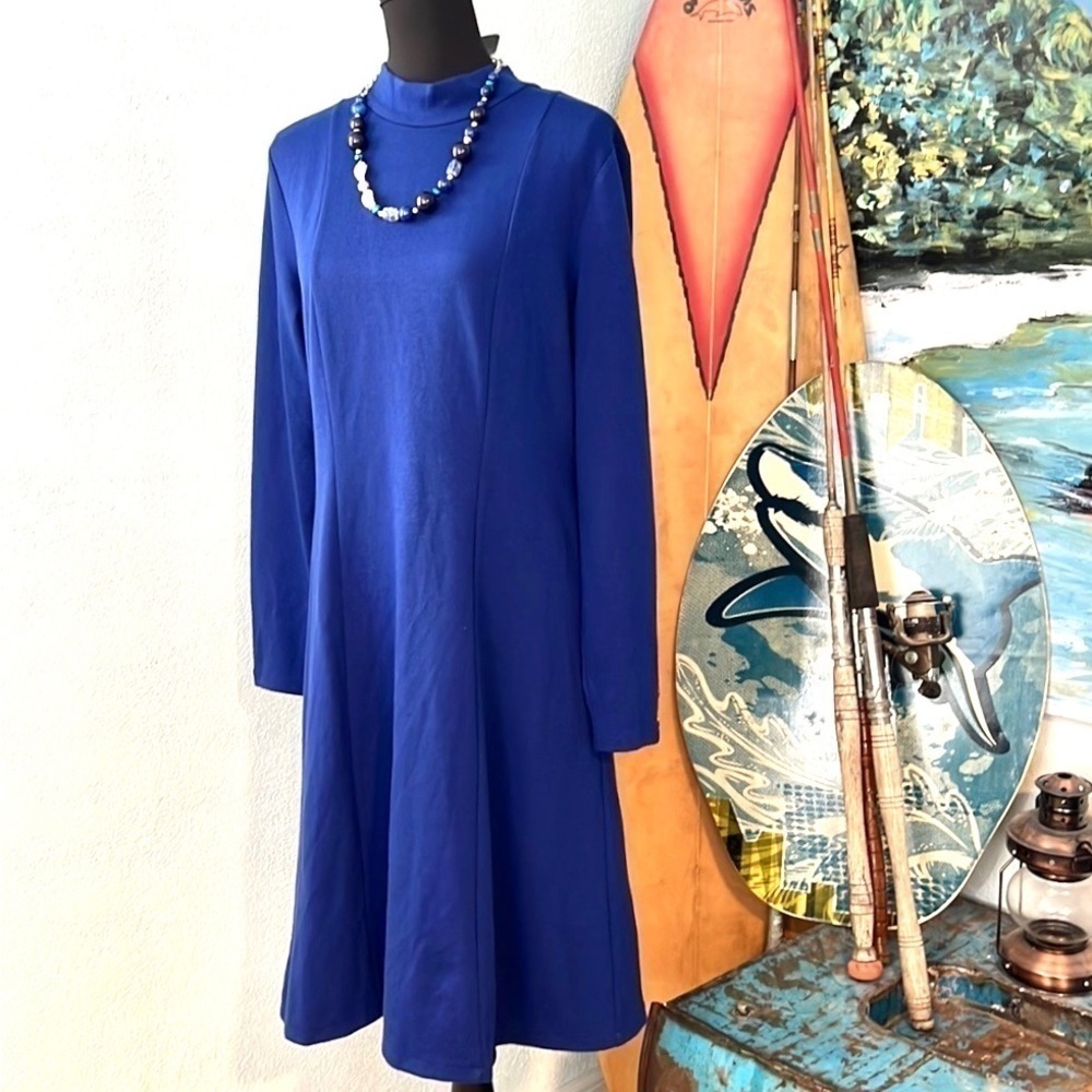 Ann Taylor, Cobalt Blue Knit Swing Dress Mock Neck Back Bow Long Sleeve Size L - Picture 4 of 11